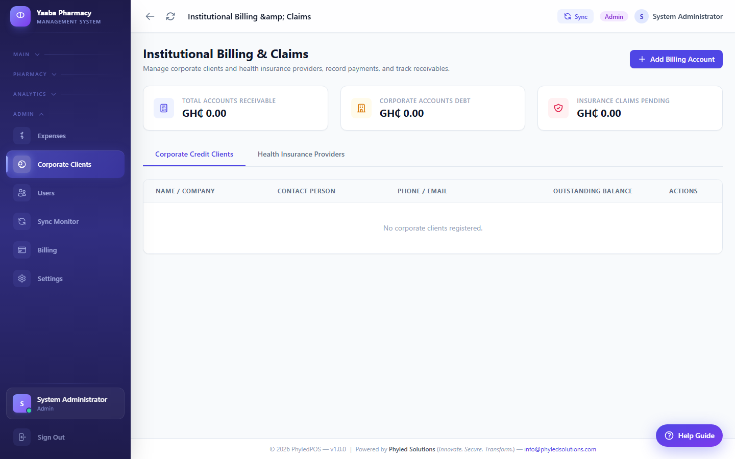 PhyledPOS institutional billing screen tracking corporate credit clients and health insurance claims