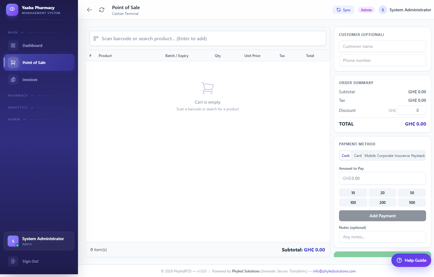 PhyledPOS checkout screen with barcode search, cart, and six payment method options